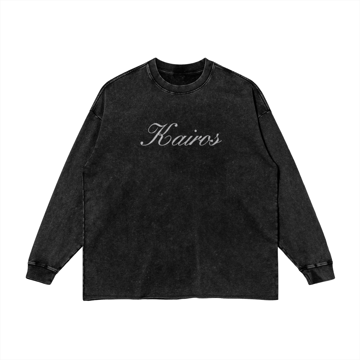 Black long-sleeve shirt with 'Kairos' text on a white background